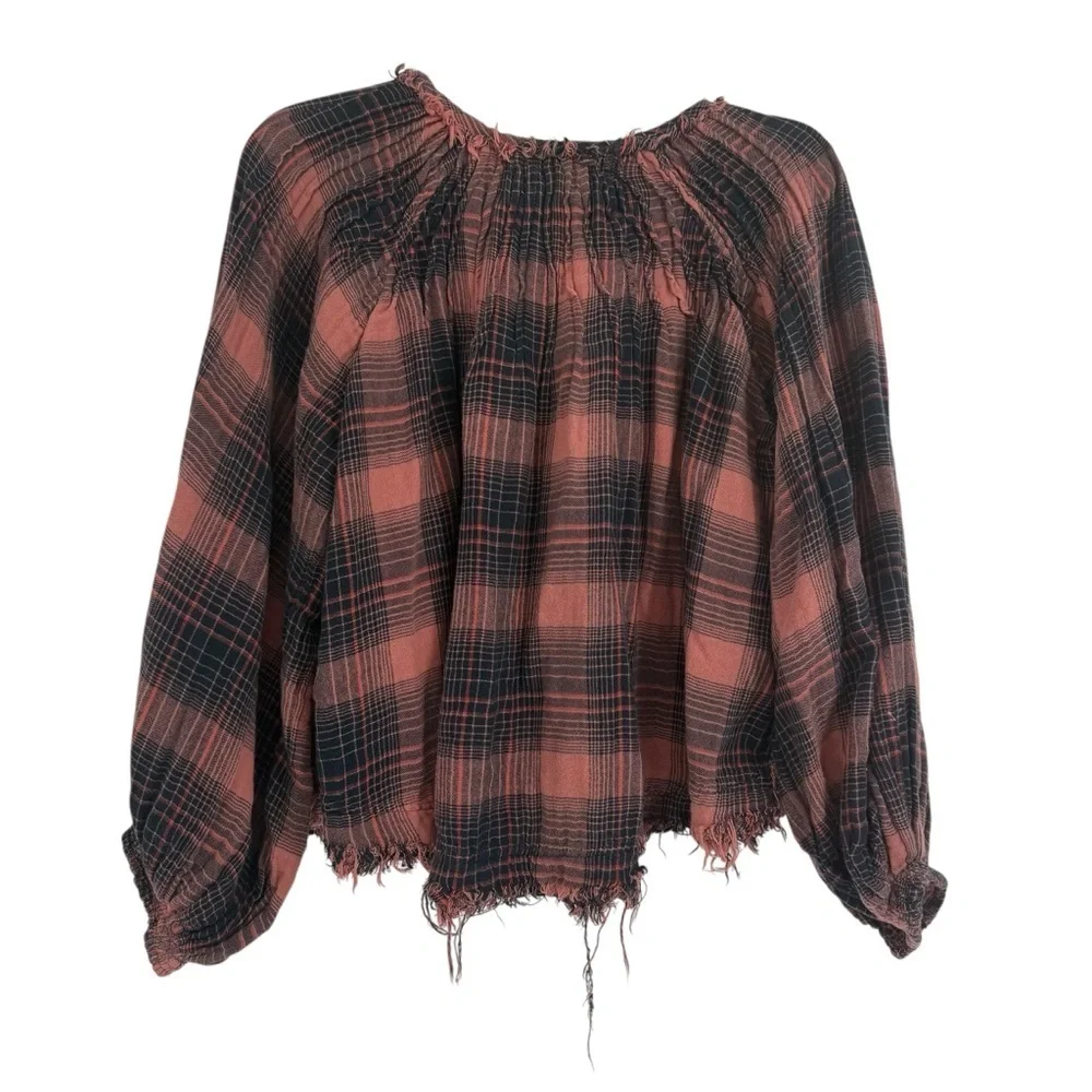 We The Free People Cloud Breaker Top brown-black size XS Raw Hem Balloon Sleeve